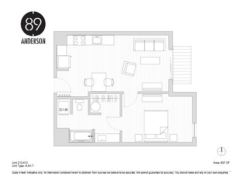 Floor plan for 1 bed, 1 bath, 637 sqft